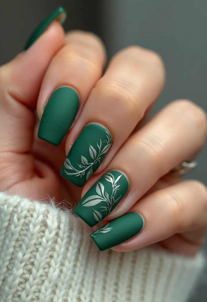 The nail design features a sophisticated matte dark green color palette, which provides a rich backdrop for intricate white floral patterns. The nails are shaped in a fashionable medium-length square form, adding to the elegant yet modern look. The delicate flower designs are meticulously detailed, with leaves and branches that create a seamless and stylish contrast against the green matte. This design likely employs gel nail polish, given the smooth and even matte finish. The white floral patterns and dark green base hint at an autumnal or festive theme, suitable for seasonal events or sophisticated gatherings, reflecting a blend of minimalism and creativity in nail artistry.