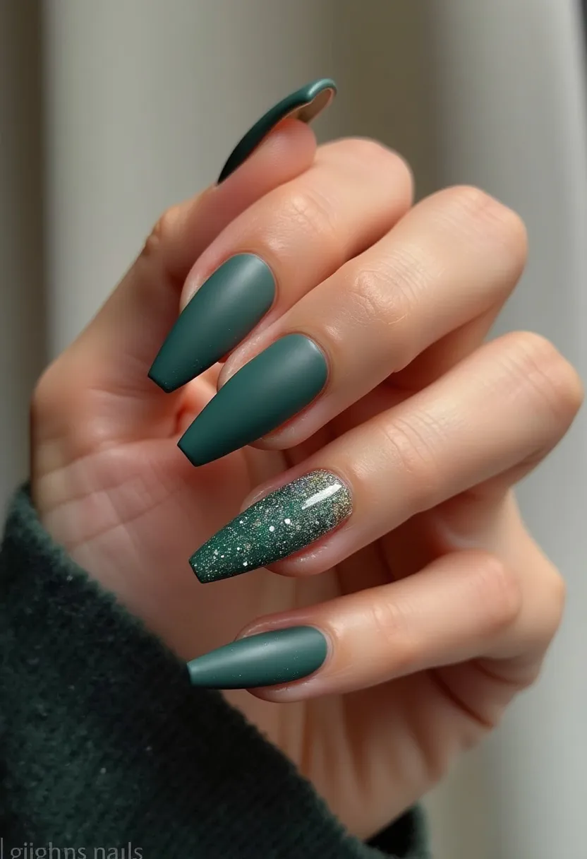 The nail design features a striking forest green color palette with a matte finish on the majority of the nails, creating a sophisticated and velvety look. The nails are shaped into a long coffin style, which is both elegant and trendy. One nail on each hand is accentuated with a glittery design, incorporating various shades of green and silver sparkles, adding a touch of glamour and contrast to the matte finish. The glittered nail is likely a gel or dip powder application due to its glossy and smooth appearance. This design is well-suited for the winter season or festive occasions, providing a chic and festive flair.