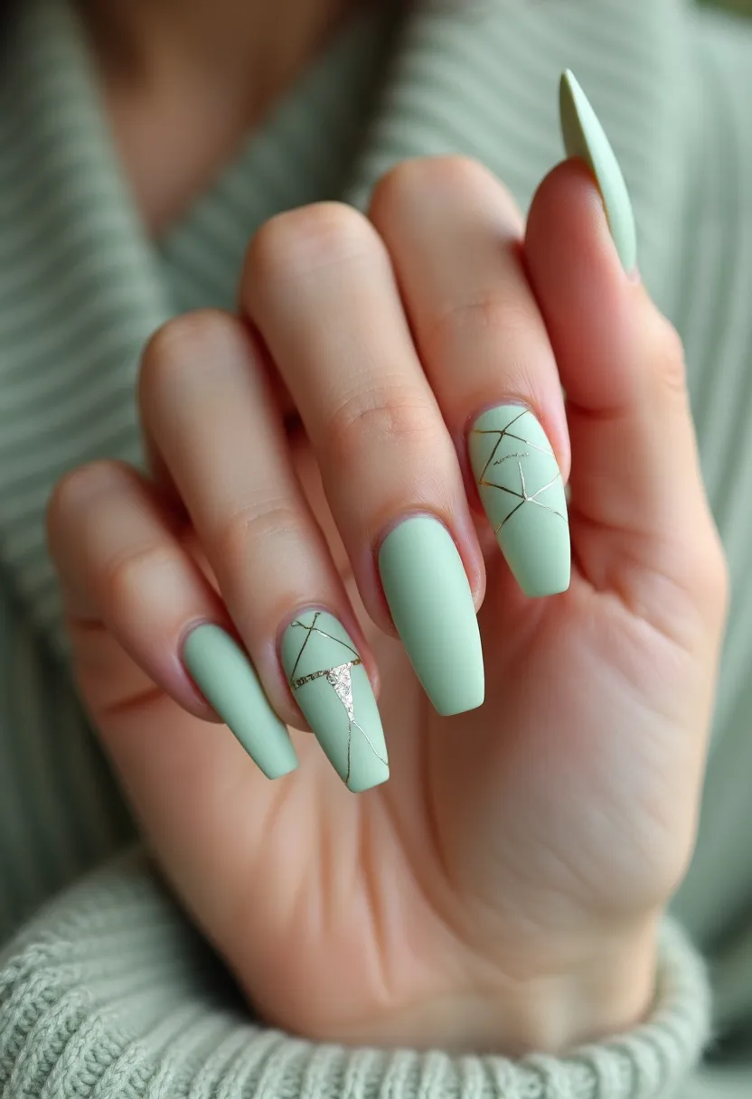 The nail design showcases a palette of soft pastel green, applied in a matte finish. The nails are shaped into a long, squared coffin style, providing an elegant yet modern aesthetic. Intricate geometric patterns adorn some of the nails, using fine, metallic gold lines to create intersecting shapes and lines. One of the nails features a small triangular section filled with glitter, adding a touch of sparkle to the design. The overall appearance suggests a high-quality gel treatment, known for its durability and smooth finish. This design could be suitable for a variety of occasions, though its muted color scheme and refined details make it particularly appropriate for a sophisticated, yet understated, seasonal look.