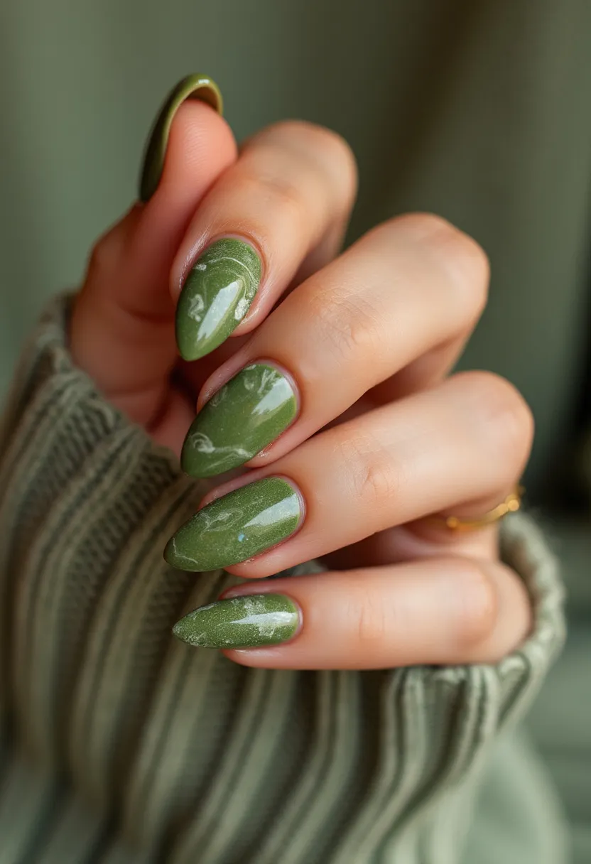 The nail design features a beautiful green color palette with a glossy finish, indicating a possible gel or shellac treatment. The nails are shaped into a modern almond style, enhancing their elegant appearance. Intricate white swirls embellish the green base, creating a marbled effect that adds a sophisticated touch. This design could be perfect for the fall season with its muted green tones or for special occasions requiring a chic and understated look. The overall effect is both stylish and refined, making it a versatile design for various events.