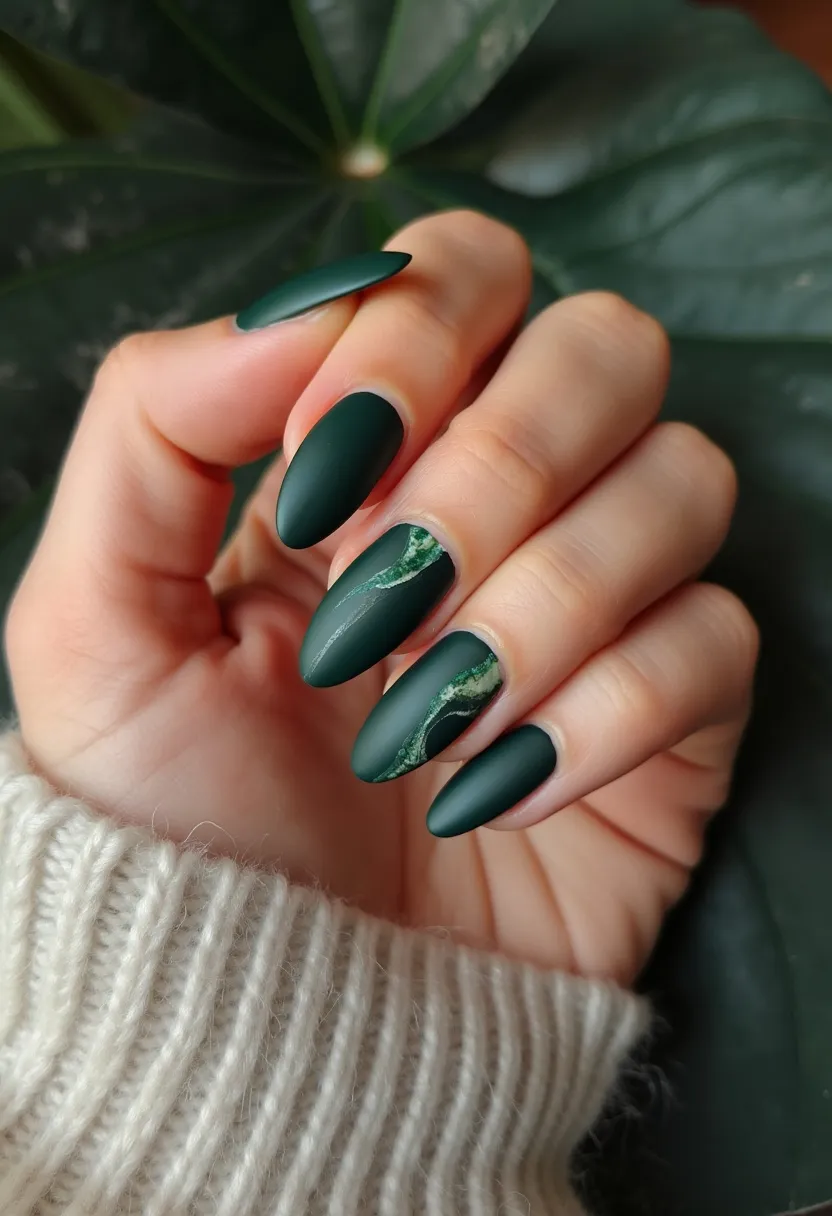 The nail design features a rich, matte green color palette that evokes a natural, earthy aesthetic. The nails are shaped in an almond style, providing an elegant and elongated look. Intricate marbling patterns on the ring and middle fingers integrate shades of green and subtle hints of white, resembling natural stone textures. These details enhance the design's sophistication and uniqueness. The treatment appears to be gel-based, offering a smooth and durable finish. The overall look, with its deep green tones and organic patterns, makes this design perfect for the autumn or winter season, or even suitable for special occasions like a sophisticated evening event.