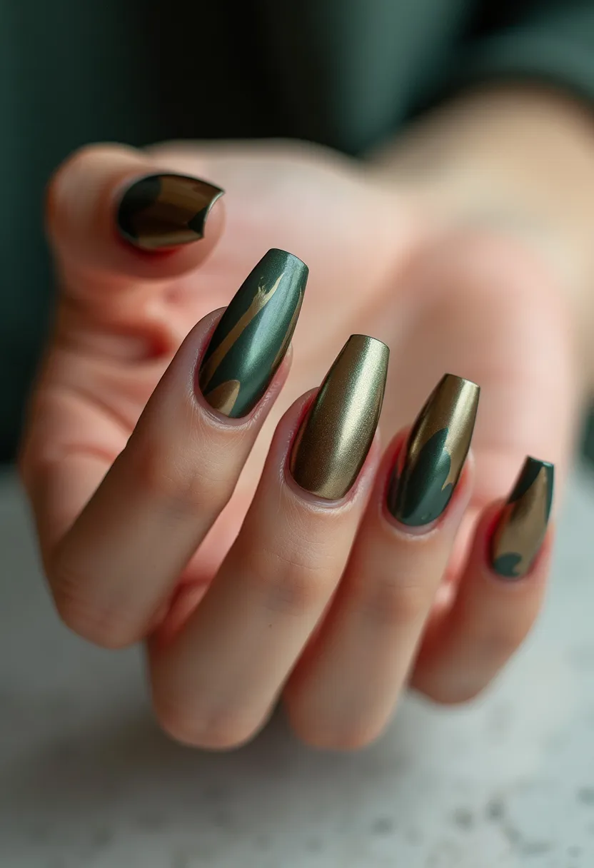 The nail design features a bold and sophisticated color palette primarily composed of metallic green and gold shades. The nails are medium-length and have a coffin shape, which accentuates the elegance of the design. Intricate patterns decorate the nails, with a skillful blend of green and gold, creating a marbled effect that adds depth and visual interest. This particular nail treatment appears to be gel, as indicated by the high-gloss finish and durability of the design. The unique combination of colors and patterns suggests a theme suitable for the fall season, with a rich, earthy feel that could also be appropriate for special occasions such as festive gatherings or evening events. The overall design is chic and visually striking, making a strong style statement.