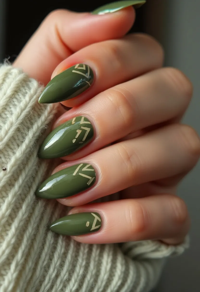 The nail design showcases a stylish and modern look with a rich, olive green color palette prominently featured. The nails are shaped in a sharp, stiletto style, providing a bold and edgy appearance. Subtle yet intricate line patterns in a contrasting light beige color adorn some of the nails, adding a minimalist artistic touch. The sleek, glossy finish of the nails suggests a gel treatment, which enhances the depth of the color and ensures a long-lasting shine. This design, with its muted green tones and simple geometric decorations, evokes an autumnal theme, making it a perfect choice for fall or any special occasion during that season.