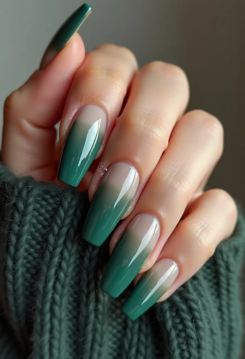 The nail design showcases a sophisticated gradient ombre effect, blending from a natural, nude base to a rich, dark green towards the tips. The nails are long and elegantly shaped in a coffin style, providing a chic and elongated appearance. The surface is glossy and smooth, indicative of a gel or shellac treatment that ensures durability and a high-shine finish. This design displays subtle elegance, perfect for the fall or winter season, offering a stylish yet subdued look suitable for both everyday wear and special occasions. The gradient effect is flawlessly executed, contributing to the nails' modern and polished aesthetic.