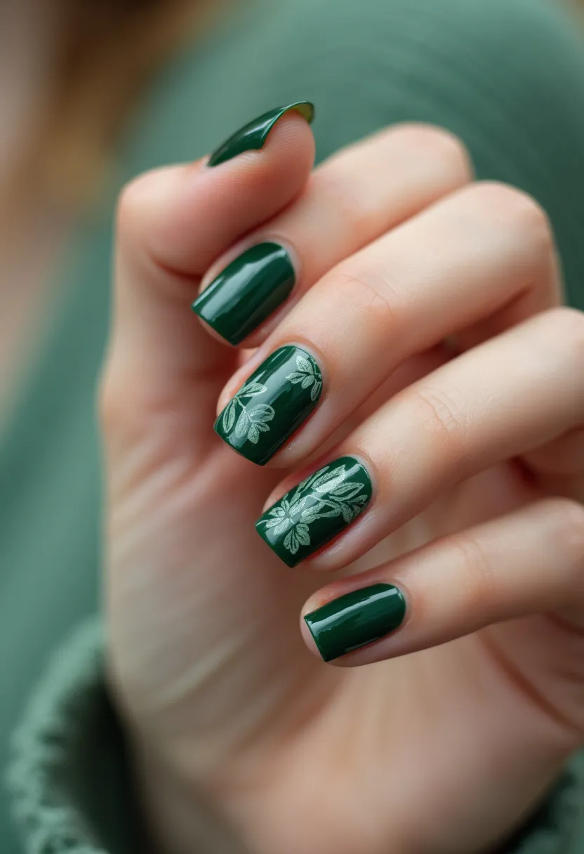 The nail design features a sophisticated color palette with a rich, dark green as the base color. The nails are medium length with a slightly rounded square shape. Two of the nails are adorned with delicate patterns of intricate, silver leaf motifs, adding a touch of elegance and nature-inspired aesthetics. The glossy finish suggests a gel nail treatment, providing both durability and a high-shine look. This design, with its combination of deep green and subtle silver foliage, evokes a seasonal theme that is perfect for autumn or even a sophisticated Christmas look.