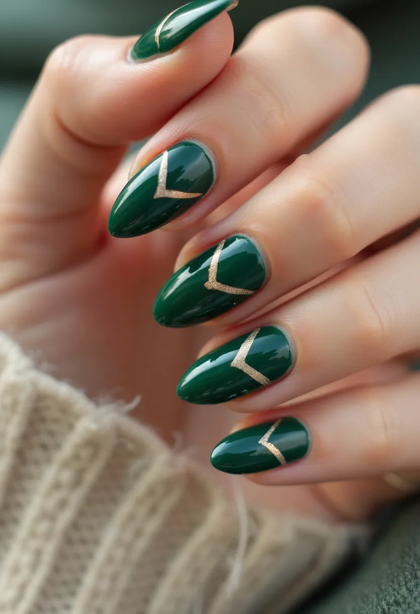 The nail design features elegantly almond-shaped nails adorned with a rich, dark green color palette. Each nail is accentuated with a stylish gold V-shaped pattern near the base, adding a touch of sophistication and glamour. The high-gloss finish suggests a gel or shellac treatment, giving the nails a vibrant, long-lasting shine. This design is versatile and can be fitting for various seasonal themes, particularly the holiday season or special events requiring a chic, polished look. The combination of the green and gold hues evokes a festive and luxurious feel, making the nail art perfect for both everyday elegance and more formal occasions.