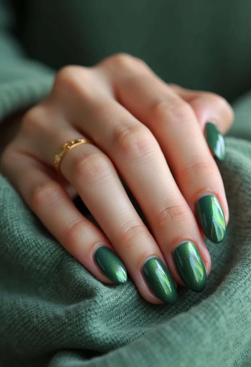 The nail design features a rich, metallic green color palette that exhibits a beautiful shimmering effect. The nails are shaped with a gentle almond finish, providing an elegant and elongated appearance. The finish on the nails suggests that this is likely a gel or shellac treatment, as indicated by the glossy, smooth, and durable surface. This design is both sophisticated and versatile, making it suitable for seasonal themes such as autumn or winter, and special occasions like festive holiday gatherings. The monochromatic green with just a slight shimmering effect makes it a standout yet classic look without needing intricate patterns or additional decorations.