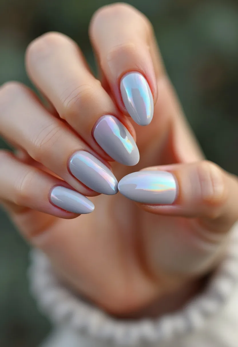 This nail design features a stunning iridescent color palette that shines with a pearly, holographic effect, shifting between soft pastel hues as the light hits. The nails are shaped in a sleek almond style, elongating the fingers gracefully. The finish is smooth and glossy, indicative of a high-quality gel or shellac treatment, ensuring longevity and durability. The design is minimalistic yet striking, without additional patterns or decorations, making it suitable for both everyday wear and special occasions. The overall look evokes a sense of elegance and sophistication, perfect for the winter season due to its icy, opalescent tones.