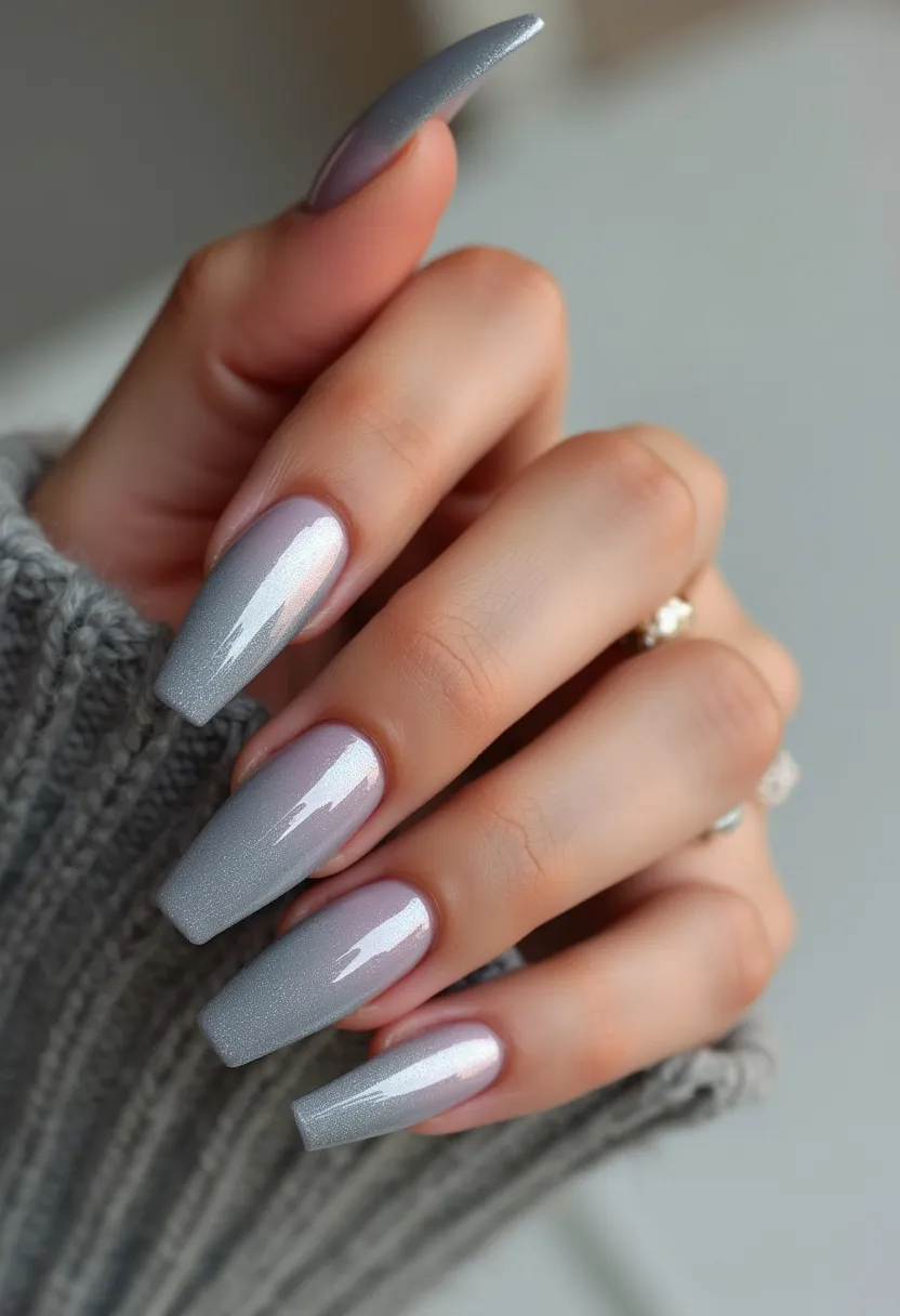 The nail design showcases an elegant gradient of shimmering silver hues, transitioning seamlessly from a lighter silver near the cuticle to a darker, almost metallic silver at the tips. The nails are shaped in a long, coffin/ballerina style, providing a sophisticated and trendy appearance. The glossy finish, combined with the reflective shimmer, suggests the use of gel or shellac nail treatment, enhancing durability and shine. There are no additional patterns or decorative elements, allowing the gradient shimmer to stand out as the primary focus. This chic and understated design would be fitting for both everyday wear and special occasions, bringing a touch of elegance to any look.