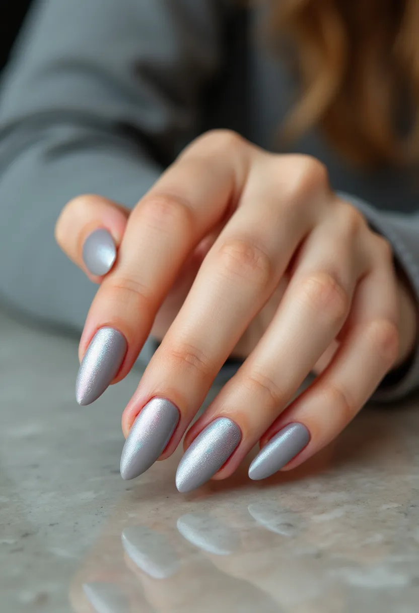 The nail design features a sleek, elongated almond shape, contributing to an elegant and sophisticated look. The nails are painted with a lustrous silver shade, giving them a metallic sheen and reflective quality that suggests the use of gel polish for its glossy finish. There are no additional intricate patterns or decorations, keeping the design simple yet chic. The use of a cool silver palette makes this nail design versatile, suitable for various occasions such as winter events or festive holiday gatherings due to its frosty and glamorous appearance. The overall finish is smooth and professional, indicative of high-quality nail treatment.