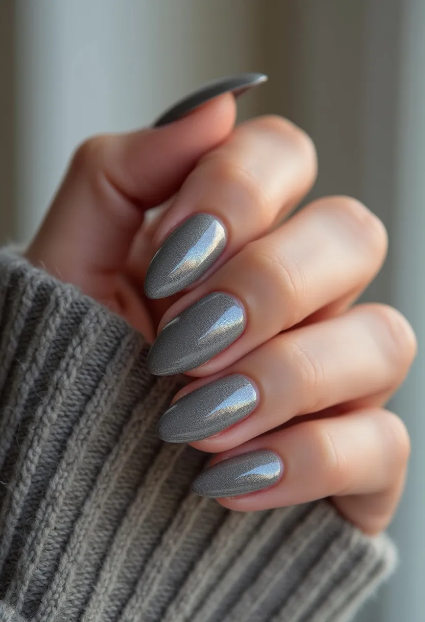 The nail design features an elegant color palette dominated by a sophisticated shade of gray with a subtle metallic sheen, adding a touch of shimmer to the overall look. The nails are shaped in a graceful almond style, which elongates the fingers and gives a refined appearance. This manicure appears to utilize gel treatment, providing a smooth, glossy finish that enhances the metallic luster of the polish. The minimalist, monochromatic design suits a variety of occasions, making it versatile for both everyday wear and special events. The understated simplicity combined with the metallic accent suggests it could be an ideal choice for a winter or holiday season theme, exuding a chic and modern aesthetic.