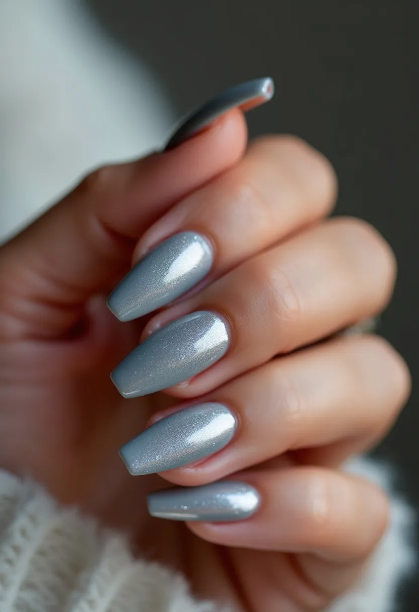 The nails are elegantly shaped in a long coffin style and are treated with what appears to be a smooth, glossy gel polish. The color palette features a stunning metallic silver shade with a subtle shimmer that adds a glamorous touch. There are no intricate patterns or additional decorations on the nails, which maintains a sophisticated and sleek appearance. This type of nail design, with its cool metallic tone and simple yet chic finish, makes it suitable for the winter season or festive occasions. The manicure exemplifies a modern and stylish aesthetic that can complement various outfits and events requiring a touch of elegance.