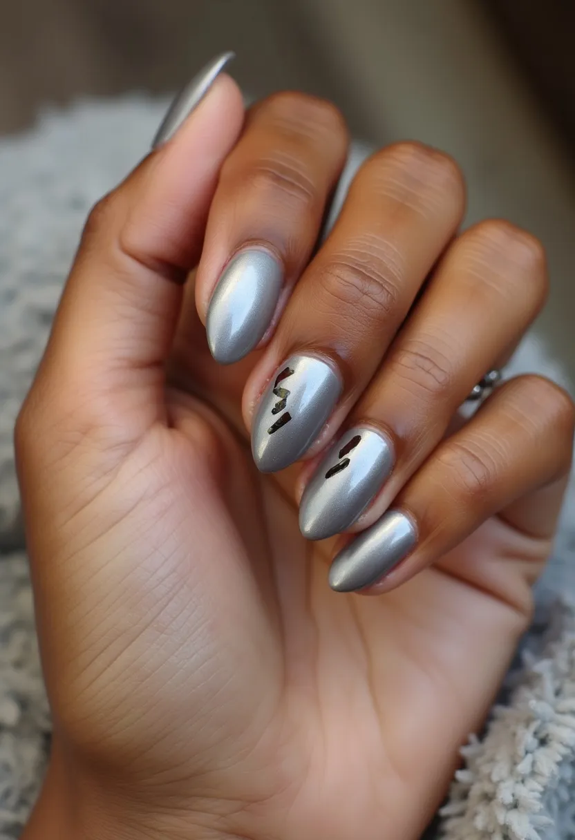 This nail design features a metallic silver color palette that gives a sleek and glossy appearance, likely emphasizing the use of gel nail treatment due to its high shine. The nails are shaped in a pointed, almond style, adding a sophisticated and elegant look. Two nails stand out with intricate black squiggle patterns, providing a chic contrast against the metallic background. The simplicity of the design is balanced with the striking metallic finish and the subtle yet noticeable decorative details, making it suitable for a stylish, modern look or a special occasion. The overall vibe of the nails suggests a trendy, polished appearance perfect for any season.