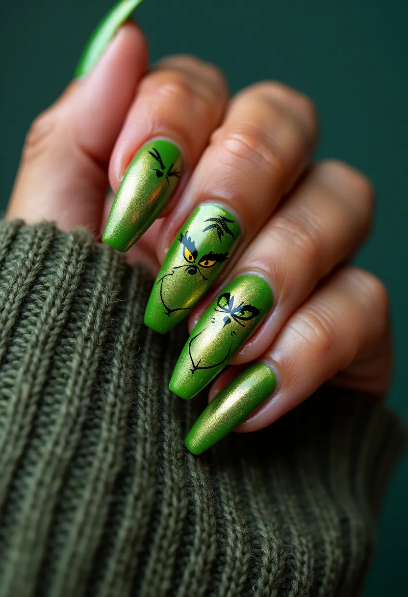 This nail design features a festive, vibrant palette prominently showcasing shades of green with a metallic sheen, reminiscent of the holiday season. The nails are long and almond-shaped, providing a graceful canvas for intricate art. The designs on each nail depict stylized facial expressions of a character associated with Christmas, with sharp details in black and yellow hues highlighting the eyes and facial contours. The nails appear to have a gel treatment, given their glossy, smooth finish and durability, which suits the detailed artwork. This seasonal nail art is ideal for special occasions like Christmas, bringing a playful, artistic touch to the wearer's look.