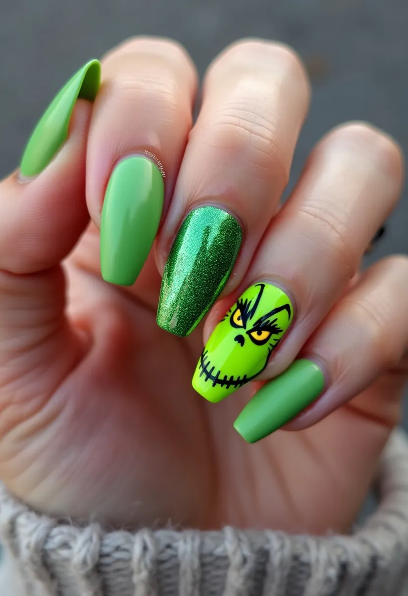 The nail design features a vibrant and festive color palette predominantly composed of various shades of green. The nails are medium to long in length and have a coffin or ballerina shape. Three of the nails are painted in a solid, matte, light green color, while one nail stands out with a shimmery, glittery green polish that adds an element of sparkle. A unique and intricate detail is the nail art on one of the nails, which depicts a detailed and expressive character face, likely suggesting a holiday theme. The design gives off a festive vibe, likely suitable for the Christmas season. The nails appear to be treated with gel polish to ensure durability and shine.