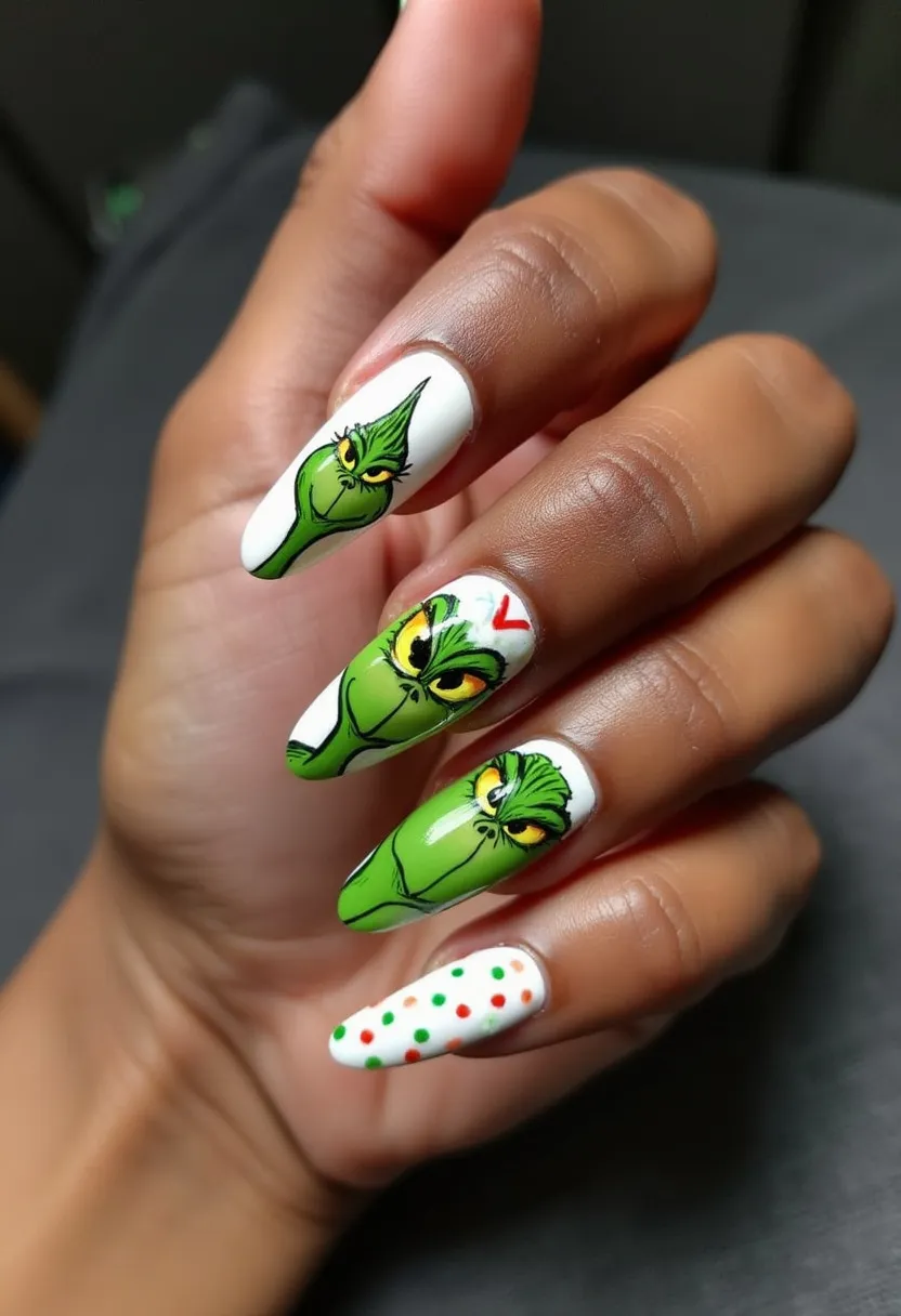 This nail design features a fun and festive look with a primary color palette of white as the base color, accented with green, red, and yellow hues. The nails are shaped in an oval or almond form, promoting a stylish and elongated appearance. Intricate patterns include hand-painted illustrations of a well-known green character with expressive yellow eyes, adding a whimsical touch perfect for the holiday season, particularly Christmas. One of the nails sports red and green polka dots on a white background, adding a playful and coordinated touch to the design. Given the detailed artwork and glossy finish, the treatment appears to be gel, which offers durability and a vibrant shine. This unique look is ideal for someone looking to make a festive statement with their manicure.