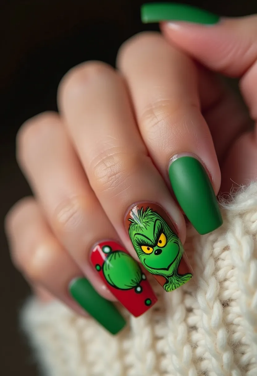 The nail design showcases an artistic and festive theme, perfect for the holiday season. The nails are medium length with a square shape. The color palette includes vibrant green and red hues. Two nails feature solid green polish, likely done using a gel or acrylic treatment for a glossy, long-lasting finish. The other two nails incorporate intricate hand-painted designs, depicting a recognizable green character associated with Christmas, with one nail sporting a humorous close-up of the character's face on a red background dotted with green baubles. This combination creates a playful and festive look, ideal for celebrating the holiday season.