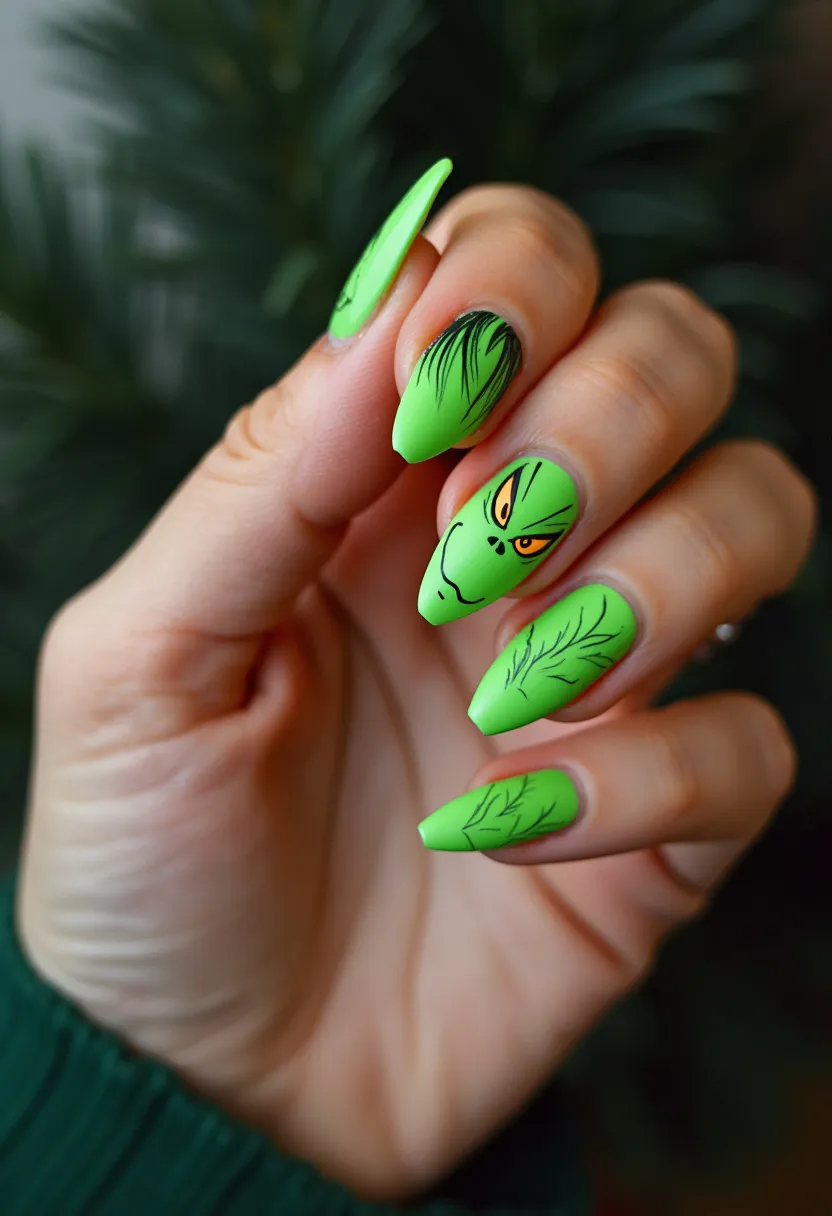 The nail design features a vibrant green color palette with a matte finish. The nails are medium-length, almond-shaped, and appear to be acrylic or gel treatment. Intricate hand-painted decorations are evident, with some nails displaying detailed black feather-like patterns, while others showcase the face of a cartoonish figure with expressive eyes and a mischievous smile. The design exhibits a clear seasonal theme relating to the winter holidays, taking inspiration from a popular festive character. The overall look is whimsical and festive, perfect for the holiday season.