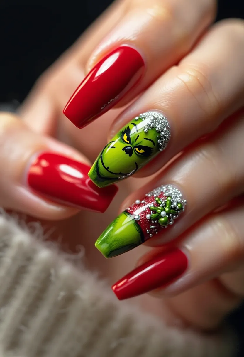 The nail design showcases a vibrant and festive color palette, featuring predominantly red and green hues. The nails are shaped in a long, almond style, giving them an elegant appearance. Two of the nails are painted in a glossy red, providing a sleek base. The other nails feature intricate designs; one nail displays a detailed depiction of a holiday character's face, complete with black and yellow accents and surrounded by silver glitter. Another nail is adorned with a green and red design, embellished with green and white beads as well as silver glitter, resembling a festive decoration. This design appears to use gel polish, enhancing the glossy finish and durability, making it a perfect choice for a winter holiday or Christmas theme.