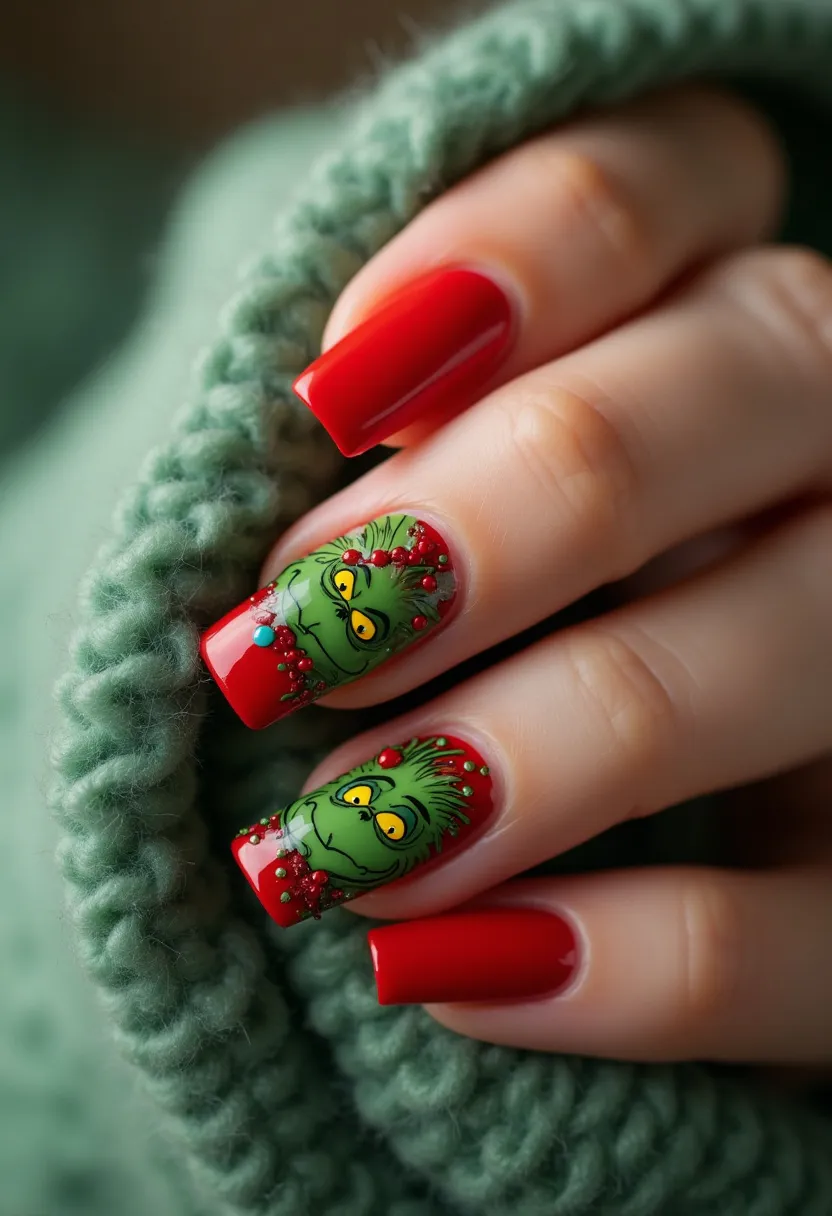 The nail design features a vivid holiday theme with a predominant red and green color palette, perfect for the Christmas season. The nails are of a medium length and have a square shape with rounded edges. The design includes two accent nails incorporating detailed hand-painted illustrations of a familiar green character with yellow eyes, adorned with red decoration elements, possibly representing berries. The remaining nails are painted in a solid, glossy red color, suggesting a gel or acrylic treatment for a smooth and polished finish. The artwork is striking and festive, making it suitable for a special seasonal occasion such as Christmas.