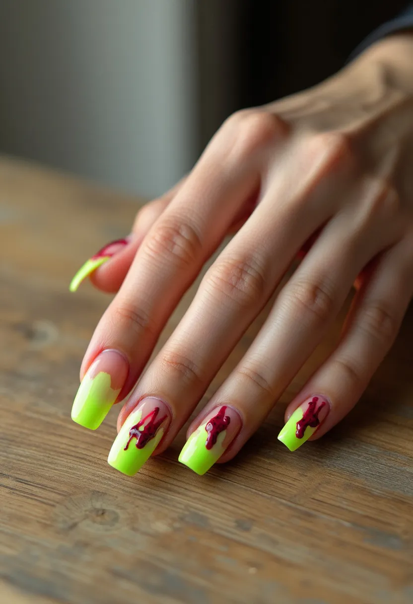 The nail design features a bright color palette with a neon green base and accents of deep red patterns. The nails are medium-length with a squared shape. The design includes intricate patterns resembling red drips, which add an artistic and edgy touch to the neon green foundation. This suggests a gel or acrylic nail treatment, providing a glossy and durable finish. The unique details and choice of colors make this nail design suitable for a fun and bold statement, perfect for seasonal themes like Halloween or special occasions that call for a vibrant and eye-catching look.