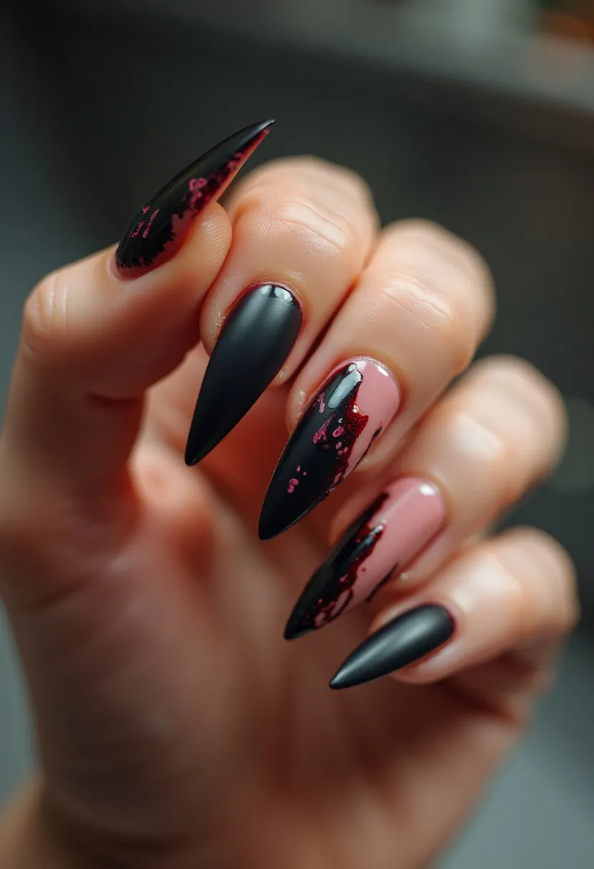 The  nail  design  features  a  black  nail  with  a  pink  and  white  accent.  The  nails  are  painted  with  a  combination  of  black,  pink,  and  white  colors,  creating  a  visually  appealing  and  unique  design.  The  nails  are  long  and  pointed,  giving  them  a  stylish  and  elegant  appearance.  The  nail  treatment  appears  to  be  a  gel  or  acrylic  nail,  which  provides  a  durable  and  long-lasting  finish.  The  design is bold  and  colorful  nail  art.