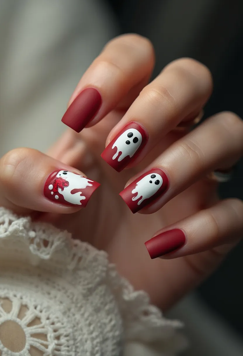 The  nail  design  features  a  red  and  white  color  palette,  with  a  ghostly  theme.  The  nails  are  painted  with  a  combination  of  red  and  white  nail  polish,  creating  a  spooky  and  festive  appearance.  The  nails  are  shaped  in  a  regular,  oval  shape,  and  there  are  no  visible  nail  treatments  such  as  gel,  acrylic,  shellac,  or  dip.  The  design  is  likely  meant  for  a  special  occasion  or  seasonal  celebration,  such  as  Halloween.