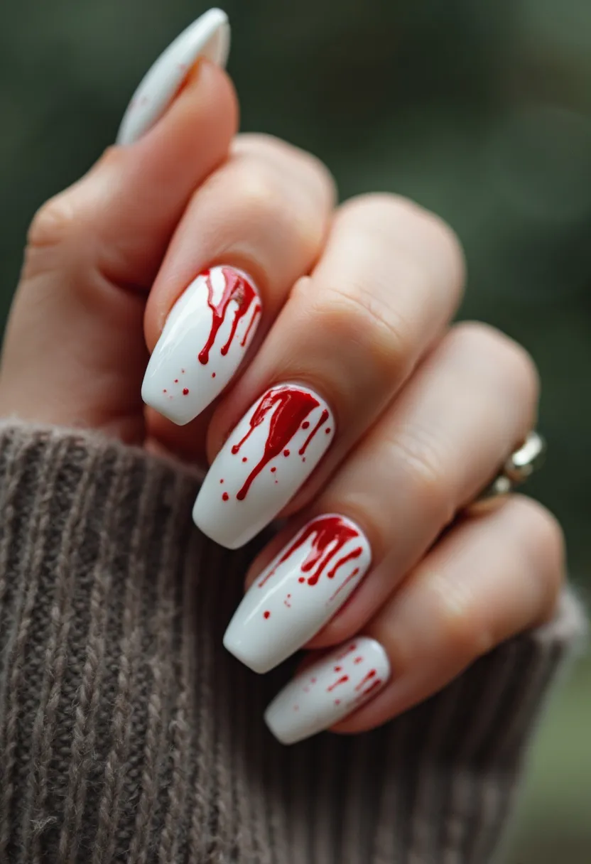 The  nail  design  features  a  white  nail  base  with  red  and  white  nail  polish  applied  in  a  dripping  pattern.  The  nails  are  shaped  in  a  square  shape,  and  the  nail  treatment  appears  to  be  acrylic.  The  design  is  unique  and  creative,  giving  the  illusion  of  blood  dripping  down  the  nails.  This  could  be  a  seasonal  or  special  occasion  theme,  such  as  Halloween  or  a  horror-themed  event.