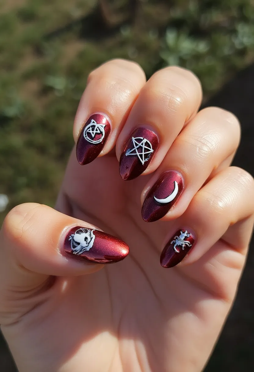 The  nail  design  features  a  red  nail  color  palette,  with  intricate  patterns  and  decorations.  The  nails  are  shaped  in  a  unique  and  stylish  manner.  The  nail  treatment  appears  to  be  a  gel  or  acrylic  nail,  which  provides  a  long-lasting  and  durable  finish.  The  design  includes  a  combination  of  symbols,  such  as  a  cross  and  a  moon,  adding  a  touch  of  individuality  and  creativity  to  the  overall  look.  The  nail  art  showcases  a  blend  of  seasonal  themes  and  special  occasions,  making  it  a  versatile  and  eye-catching  design.