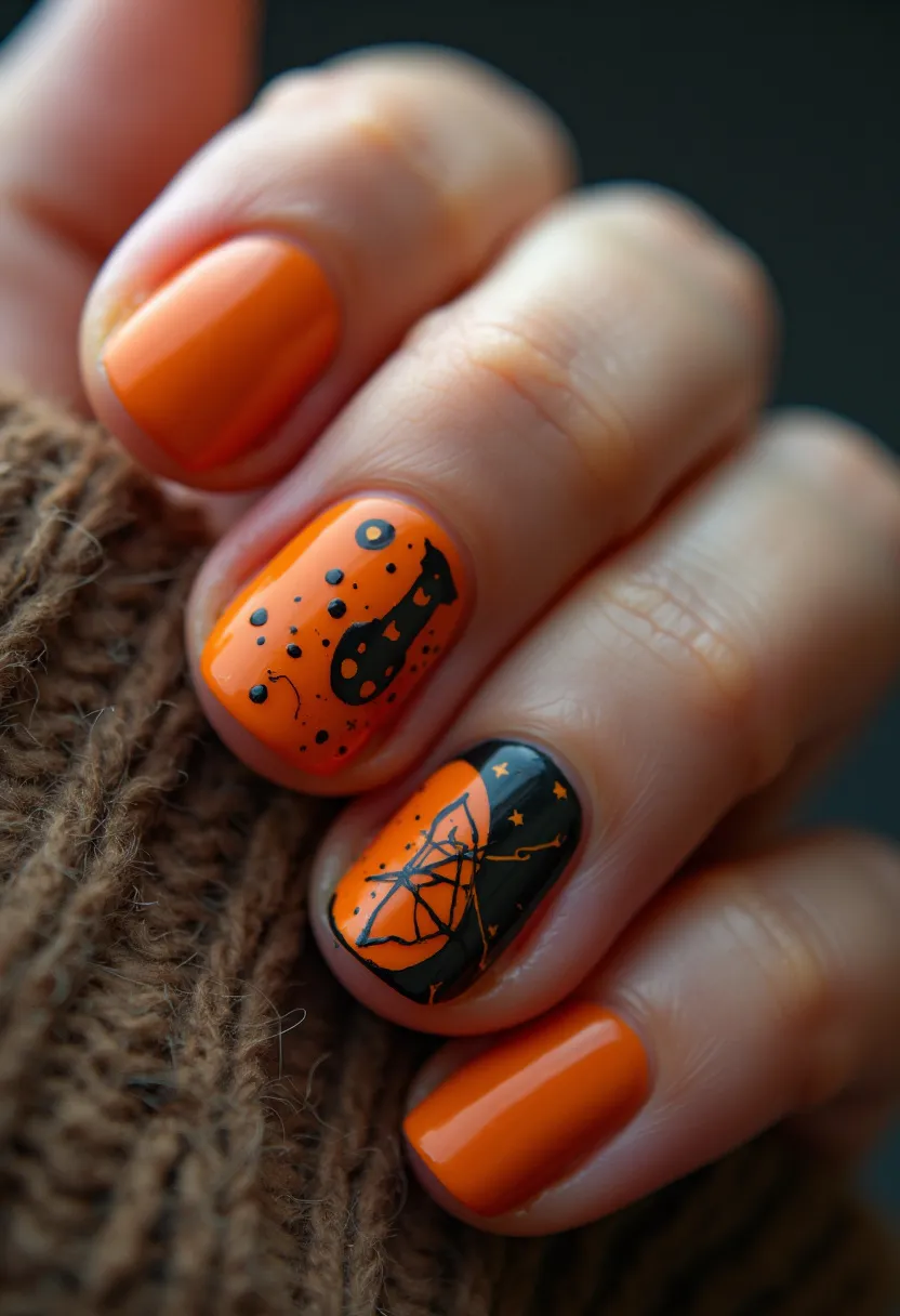 The  nail  design  features  a  combination  of  orange  and  black  colors,  with  a  unique  pattern  that  includes  a  spider  web  and  a  cat.  The  nails  are  shaped  in  a  square  shape,  and  the  nail  treatment  appears  to  be  acrylic.  The  design  is  likely  inspired  by  a  seasonal  theme  or  a  special  occasion,  such  as  Halloween,  given  the  spooky  elements  like  the  spider  web  and  cat.