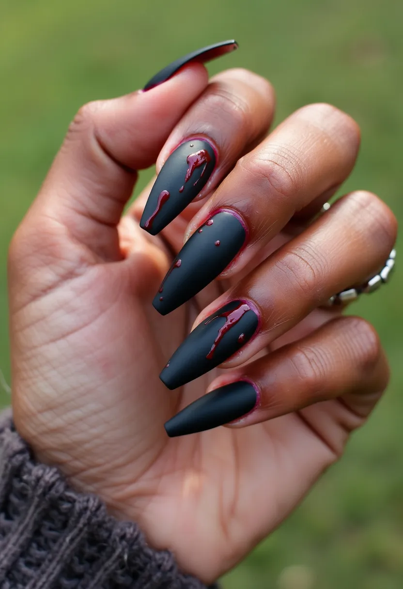 The  nail  design  features  a  black  nail  with  a  blood-like  pattern  painted  on  it.  The  nails  are  shaped  like  claws,  giving  them  a  unique  and  dramatic  appearance.  The  nail  treatment  appears  to  be  acrylic,  which  is  known  for  its  ability  to  create  intricate  designs  and  maintain  a  long-lasting  finish.  The  design  is  likely  inspired  by  a  seasonal  theme  or  a  special  occasion,  such  as  Halloween,  where  the  blood-like  pattern  adds  a  spooky  and  bold  touch  to  the  nails.