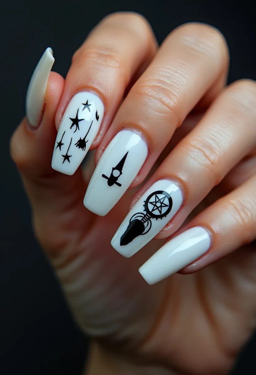 The  nail  design  features  white  nails  with  black  accents.  The  nails  are  shaped  in  a  short,  rounded  style.  The  nail  treatment  appears  to  be  acrylic  nails,  which  are  known  for  their  durability  and  ability  to  hold  intricate  designs.  The  nails  are  decorated  with  various  symbols,  including  a  star,  a  cross,  and  a  clock.  These  symbols  give  the  nails  a  unique  and  intricate  appearance,  making  them  stand  out  as  a  creative  and  eye-catching  design.