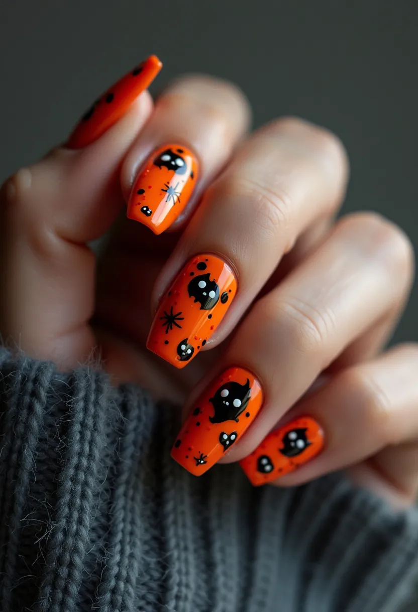 The  nail  design  features  orange  nail  polish  with  black  accents  and  decorations.  The  nails  are  shaped  in  a  square  shape,  and  the  nail  treatment  appears  to  be  acrylic.  The  design  includes  a  unique  pattern  of  skulls,  which  adds  a  creative  and  intricate  touch  to  the  overall  look.  The  nails  are  painted  in  a  way  that  showcases  the  intricate  details  and  patterns,  making  it  a  visually  appealing  and  eye-catching  design.