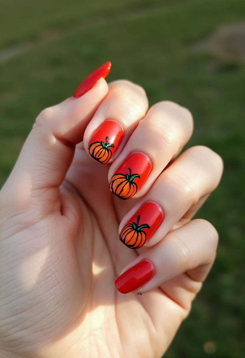 The  nail  design  features  a  red  nail  polish  with  a  pumpkin-themed  decal  on  each  nail.  The  nails  are  shaped  in  a  square  shape,  and  the  decals  are  placed  in  the  center  of  each  nail.  The  nail  treatment  appears  to  be  a  gel  or  acrylic  nail,  as  it  is  able  to  hold  intricate  designs  like  the  pumpkin  decals.  The  design  is  likely  inspired  by  the  fall  season  or  a  special  occasion,  such  as  Halloween  or  Thanksgiving.