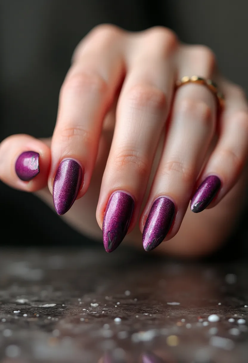 The  nail  design  features  purple  nail  polish  on  the  fingernails.  The  nails  are  shaped  in  a  pointy  style,  and  there  are  no  intricate  patterns  or  decorations  visible  in  the  image.