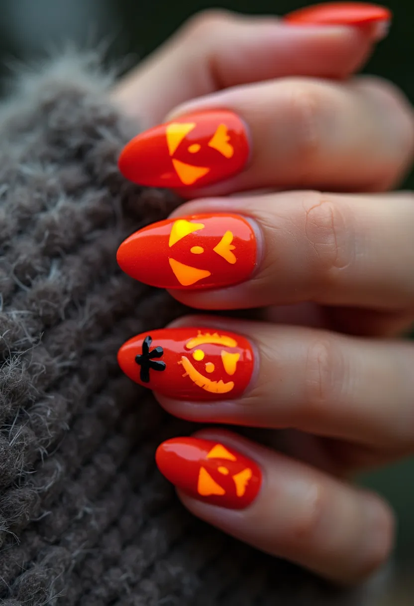 The  nail  design  features  a  combination  of  orange  and  black  colors,  with  a  pumpkin-themed  design.  The  nails  are  painted  with  orange  nail  polish,  and  the  pumpkin  decorations  are  made  of  black  nail  art.  The  nails  are  shaped  in  a  square  shape,  giving  them  a  unique  and  eye-catching  appearance.  The  nail  treatment  used  is  gel,  which  provides  a  long-lasting  and  durable  finish.  The  design  is  likely  inspired  by  the  Halloween  season  or  a  special  occasion  where  pumpkins  are  a  central  theme.