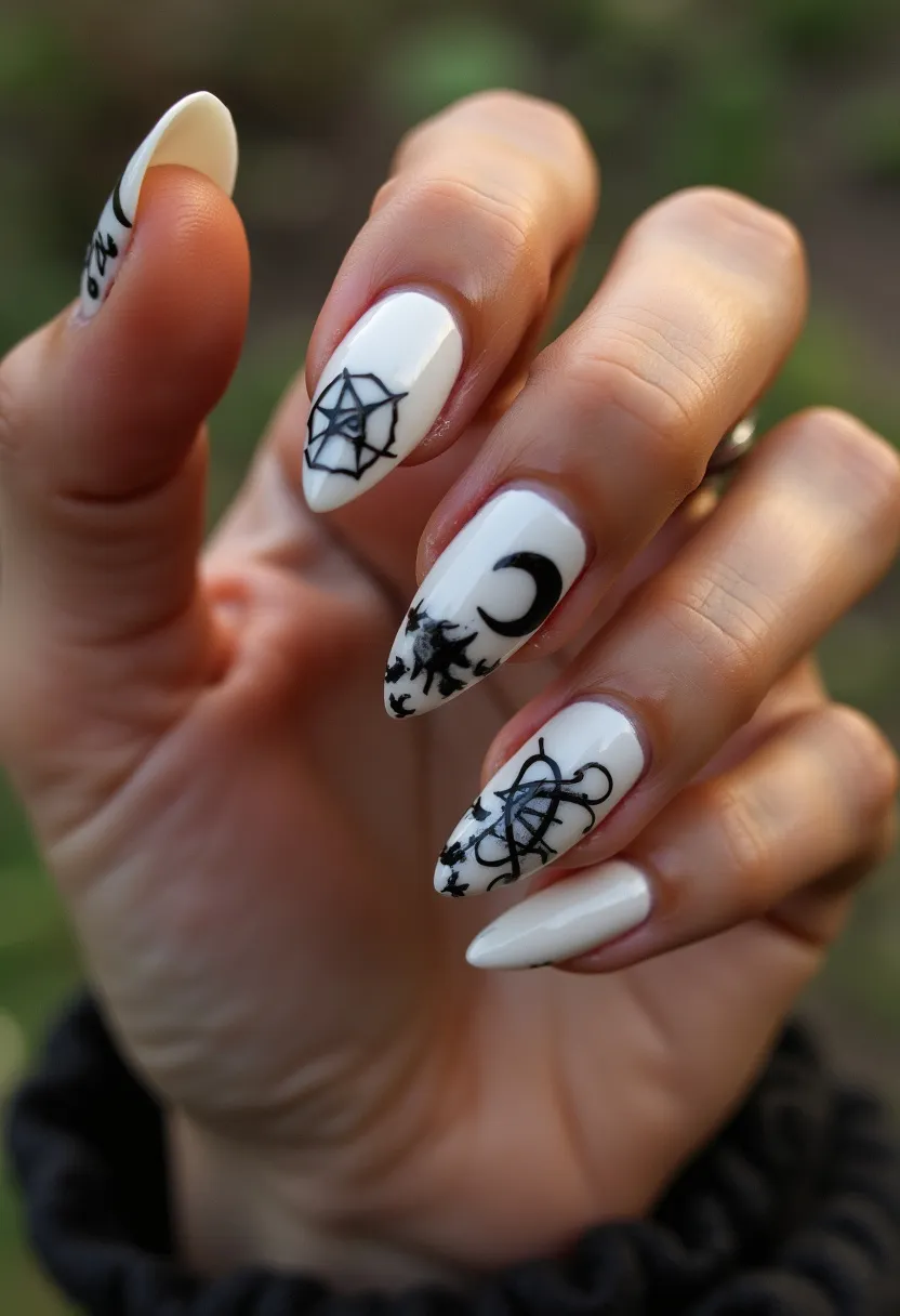 The  nail  design  features  white  nails  with  black  and  white  patterns.  The  nails  are  shaped  in  a  pointed  style,  and  there  are  intricate  designs  on  the  nails,  including  a  crescent  moon  and  a  star.  The  nail  treatment  appears  to  be  acrylic,  which  is  a  popular  choice  for  creating  detailed  and  long-lasting  nail  art.  The  design  is  unique  and  eye-catching,  making  it  a  great  choice  for  a  special  occasion  or  as  a  personal  statement.