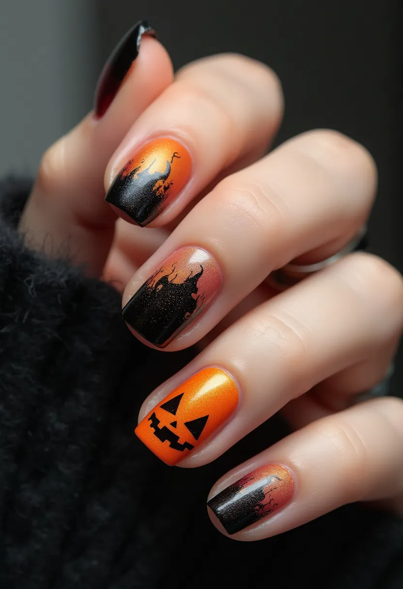 The nail design features a Halloween theme with prominent shades of orange, black, and a touch of red. The nails are medium-length and squared in shape. The nail color palette includes a gradient blend of bright orange fading into black, accentuated with black silhouette patterns of haunted houses, bats, and trees, contributing to a spooky aesthetic. One nail prominently showcases a classic jack-o'-lantern face, enhancing the festive theme. The nails appear to be treated with a glossy finish, likely gel, providing a smooth and shiny surface that enhances the vibrant colors and intricate details. This nail design is perfect for the Halloween season, bringing in elements of fun and fright.