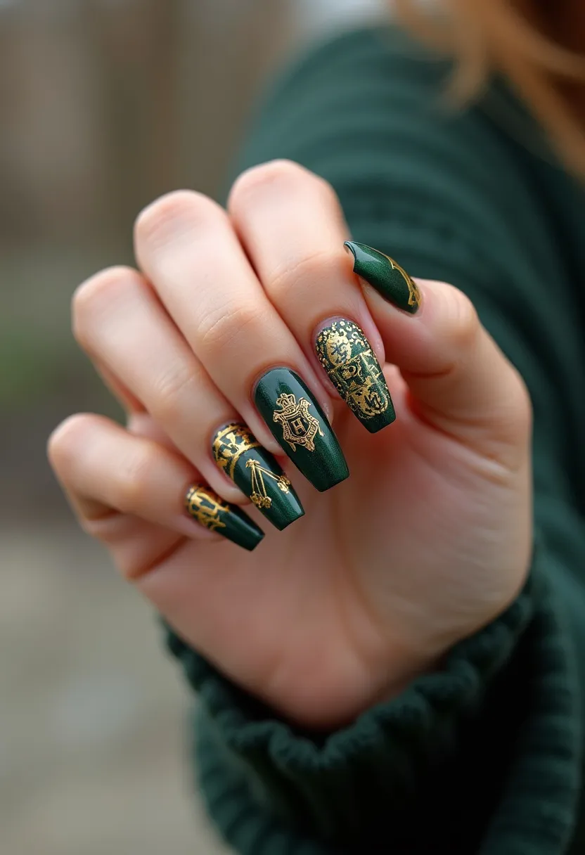 The nail design features a deep, forest green color palette accentuated with intricate, gold detailing. The nails are long and have a coffin shape, providing an elegant canvas for the artwork. The gold decorations include ornate patterns and heraldic symbols, giving the design a regal and sophisticated appearance. The designs could be created with a gel or acrylic treatment for their durability and smooth finish. Unique details such as small gold chains, scales, and a crest add a luxurious touch, making this design suitable for a formal event or special occasion, possibly with a festive or holiday theme.