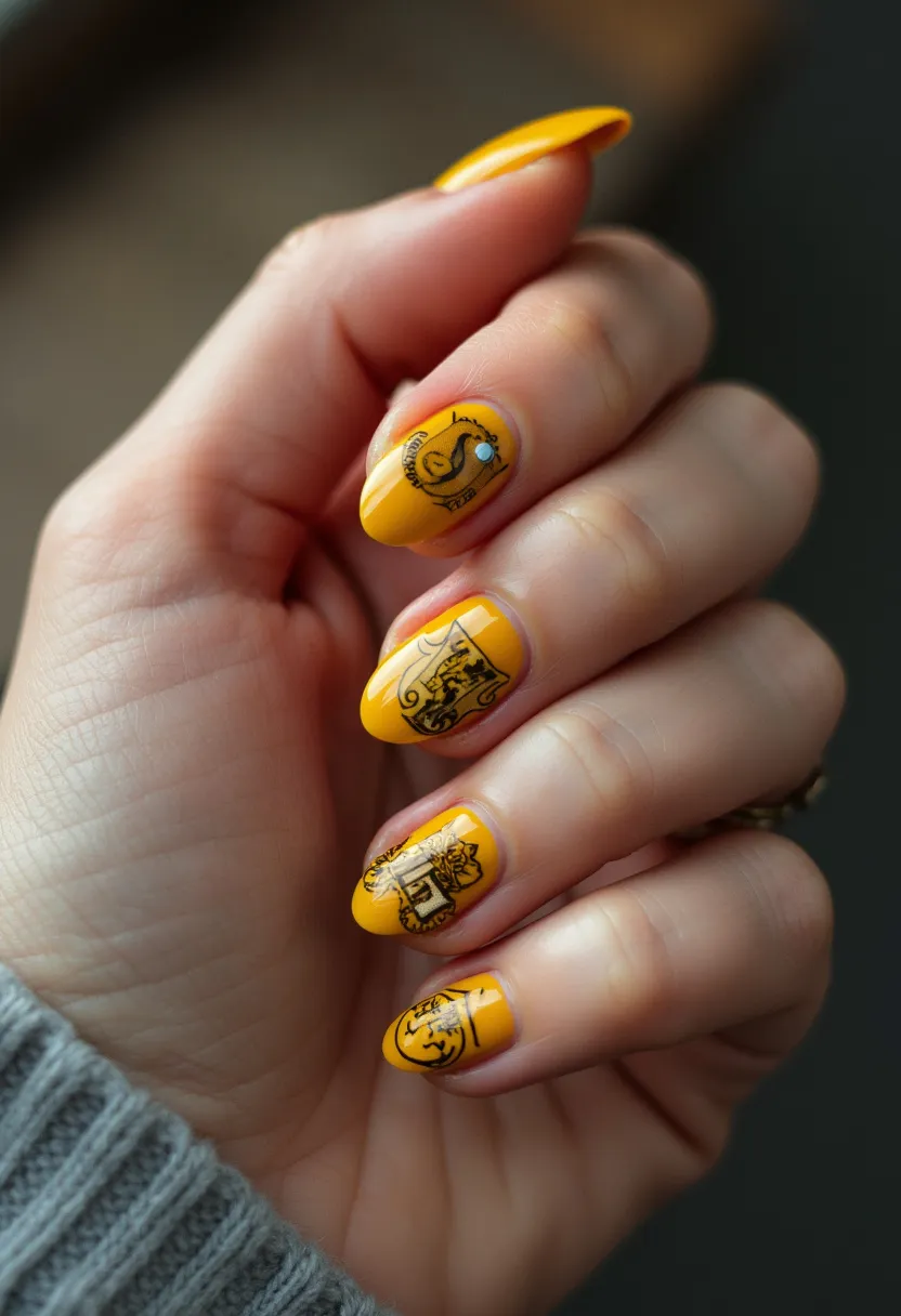 The nail design features a bold and vibrant yellow color palette, covering all the nails entirely. The nails are shaped in a medium almond form, providing a soft and elegant edge to the design. Each nail is adorned with intricate black ink drawings that include detailed line art, reminiscent of vintage illustrations or historical emblems, each with unique symbols. Notably, one of the nails also sports a small rhinestone embellishment, adding a touch of sparkle and sophistication to the overall look. This design is likely achieved through a gel treatment, given its glossy finish and smooth texture. The art and color scheme suggest a possibly thematic design, perhaps inspired by a specific cultural or artistic reference, making it suitable for a variety of special occasions.