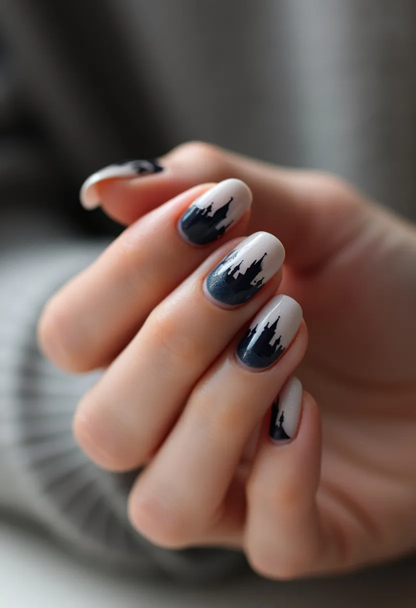 The nail design features an intricate cityscape pattern with a monochromatic color palette of black and gray hues. The nails are shaped in a rounded almond form, which provides an elegant and elongated look to the fingers. The design is likely created with gel polish, ensuring a glossy and long-lasting finish. Each nail showcases a detailed silhouette of city buildings, using a gradient technique for the background that transitions from a light gray at the cuticle to a darker shade at the tips, adding depth to the artwork. This artistic theme is sophisticated and could be suitable for any season, though it might be especially fitting for a chic urban event or a formal occasion due to its minimalistic yet intricate design.

