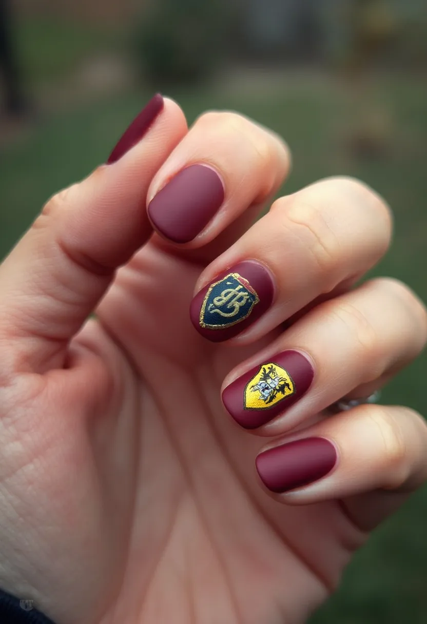 The nail design features a sophisticated and rich burgundy color palette, which gives a matte finish to the nails. The nails are medium length with a rounded shape that complements the elegant color. Two of the nails, specifically the middle and ring fingers, are adorned with intricate shield-like decorations. One shield showcases a monogram with the letters "HB" in gold against a dark background, while the other displays a yellow shield with a detailed black and silver emblem. The decorations are finely detailed, reminiscent of a heraldic theme, suggesting a possible inspiration from a fantasy or historical motif. The treatment appears to be gel, given the smooth and shiny, yet durable appearance. This nail design would be suitable for seasonal occasions like autumn or special events such as themed parties or festive gatherings.