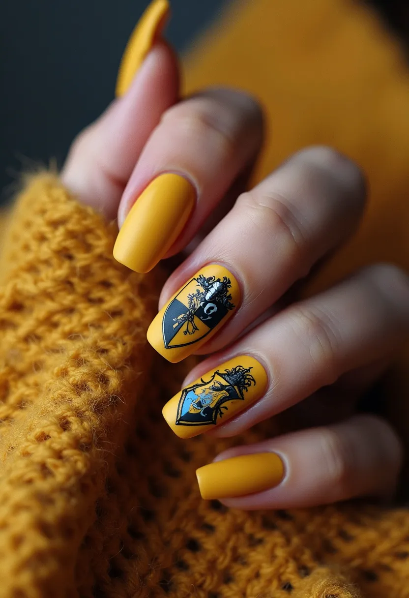 This nail design features a warm, mustard yellow color palette with a matte finish, which appears to be a gel treatment. The nails are shaped in a medium-length coffin style. The design includes intricate black and dark yellow heraldic shield patterns on the middle and ring fingers, incorporating detailed elements such as floral motifs and what seems to represent a helmet or crest in the shield designs. These detailed accents give the nails a sophisticated and regal feel, making them suitable for a special occasion or themed event, perhaps reminiscent of medieval or fantasy styles. This nail design could be seasonal, particularly fitting for autumn with its warm and rich color tones.