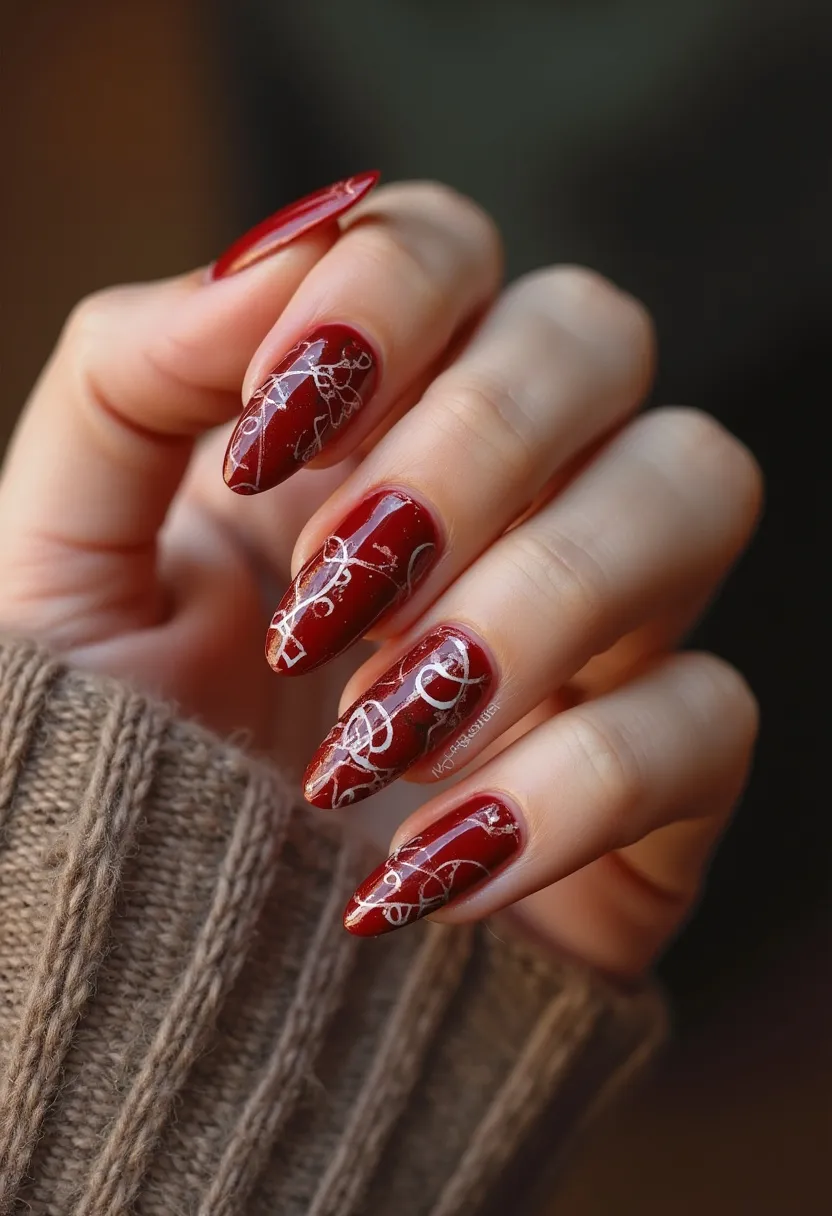 This nail design features a deep, rich red color palette with a glossy finish, likely achieved through gel or shellac treatment for its smooth and durable appearance. The nails are shaped in a stiletto style, with elongated, sharply pointed tips. Intricately decorating the red base, delicate lines and swirls in a contrasting white color form an elegant lace-like pattern. These intricate designs add a sophisticated touch, suitable for a seasonal theme such as fall or a special occasion like a formal event. The overall look is both bold and refined, balancing the deep red base with delicate, detailed accents.