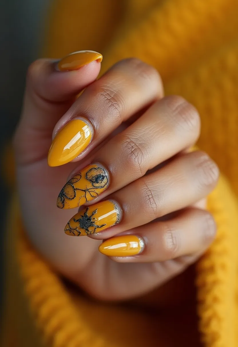 The nail design features a striking orange-yellow color palette that radiates warmth and energy. The nails are shaped into a sharp, almond style, providing a sophisticated, elegant look. The majority of the nails are solid in color with a glossy finish, likely achieved through gel treatment, ensuring a high-shine and durable result. Two of the nails feature intricate botanical patterns with black floral details, adding an artistic flair. One of these has an accent of glitter, enhancing its visual appeal. This design seems fitting for the autumn season, evoking thoughts of falling leaves and rich seasonal tones, making it ideal for fall-themed events or everyday wear to celebrate the season.