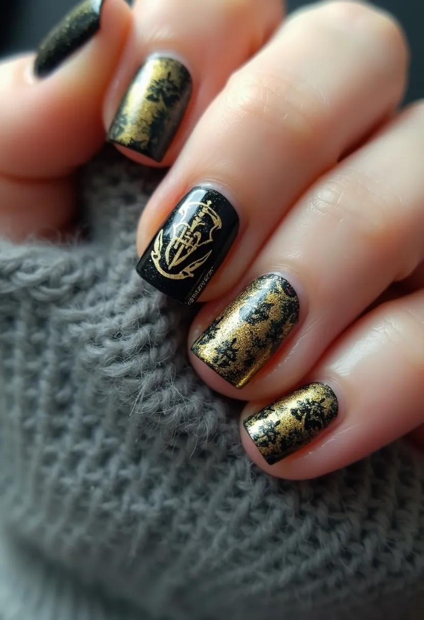 The nail design features a striking color palette predominantly consisting of black and gold, creating a luxurious and elegant look. The nails are of a medium to long length with a square shape. Each nail displays an intricate pattern; most prominently, one nail exhibits a gold medieval-style emblem on a black background, while the others showcase a mottled black and gold effect with black floral overlay patterns. The glossy finish suggests they might be gel nails, providing a smooth and durable texture. The combination of gold and black along with the detailed motifs give this nail design a sophisticated and opulent vibe, making it suitable for special occasions or festive seasons, especially those with a formal or regal theme.