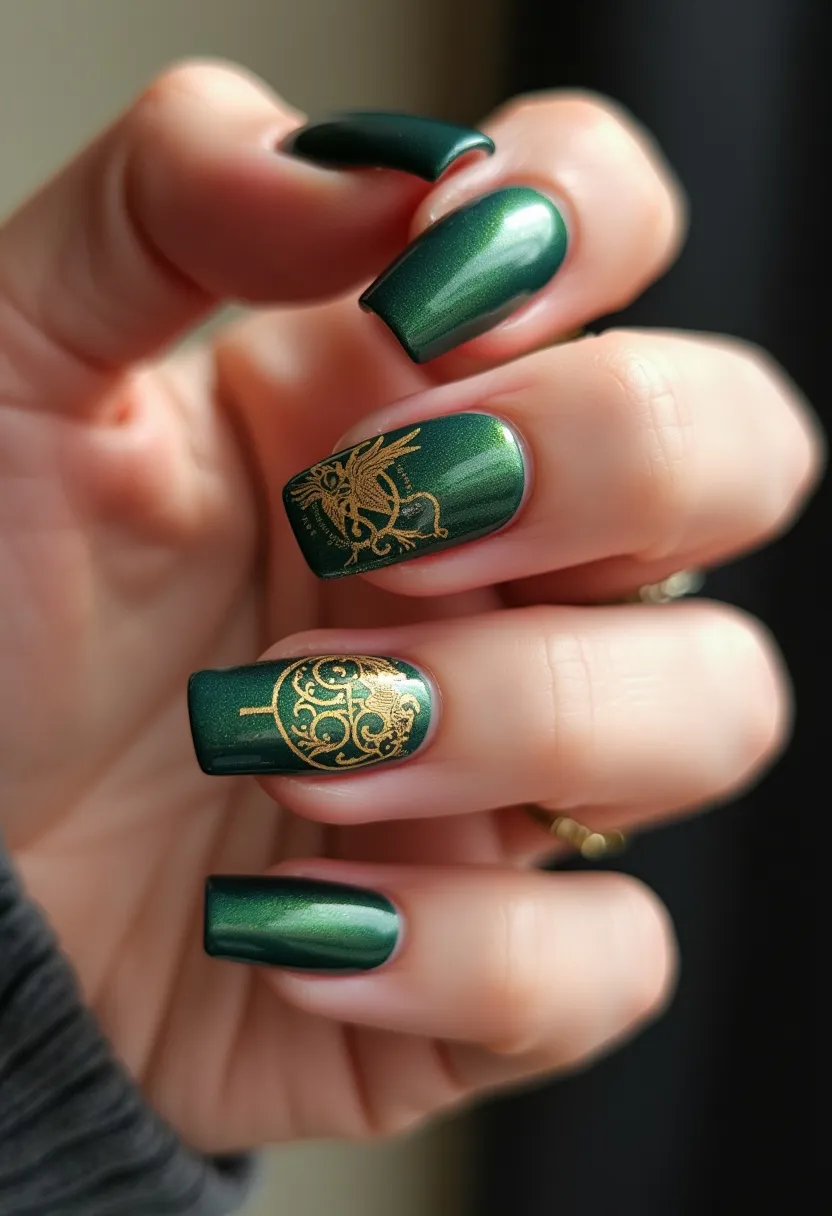 The nail design features a stunning deep, metallic green color palette, exuding a sense of elegance and sophistication. The nails are shaped in a square form, providing a modern and neat appearance. Two of the nails showcase intricate golden decals; one with a whimsical bird design and another with an ornate circular pattern, adding an element of intricacy and luxury to the design. The nail treatment appears to be a glossy gel finish, enhancing the vibrant color and giving a long-lasting sheen. This design could be perfect for festive occasions or seasonal celebrations, reflecting a touch of opulence and artistry.