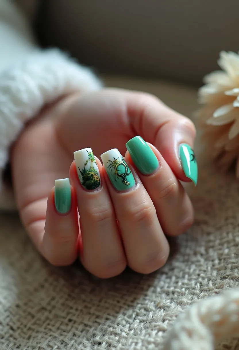 The nail design features a harmonious color palette combining rich mint green and crisp white, creating a fresh and vibrant impression. The nails are shaped in a slightly squared-off, coffin style, adding a modern touch. Intricate patterns adorn the white-base nails, with detailed botanical and feather motifs, including a notable dreamcatcher design. The artwork enhances the overall thematic resonance, possibly suggesting a bohemian or nature-inspired theme. The rich, glossy finish indicates the use of a gel treatment, ensuring both durability and a polished appearance, making this design suitable for anyone looking to express a fondness for detailed, nature-themed art on their nails.