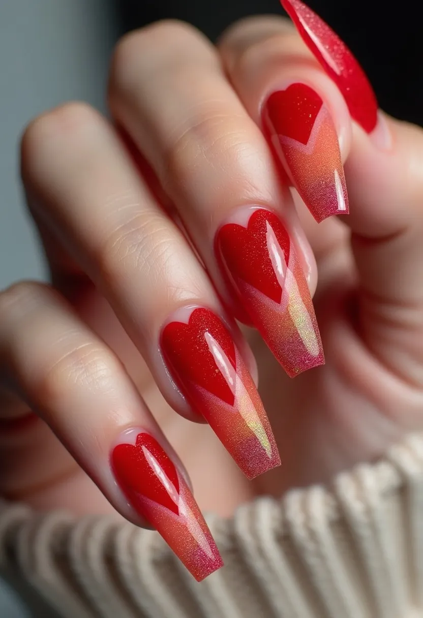 This nail design features a striking and elegant color palette of red and gold with a gradient transition that creates a stunning visual effect. The nails are shaped into long, sleek coffin tips, which add to the sophisticated appearance. Each nail displays an intricate heart-shaped pattern in a bold red color, with the lower half transitioning into a subtle metallic gold gradient that adds a touch of shimmer and elegance. The nails appear to be treated with gel, giving them a glossy and smooth finish. This design exudes a romantic and festive vibe, making it a perfect choice for special occasions like Valentine's Day or other celebratory events. The attention to detail and vibrant color combination showcases a refined and artistic approach to nail art.