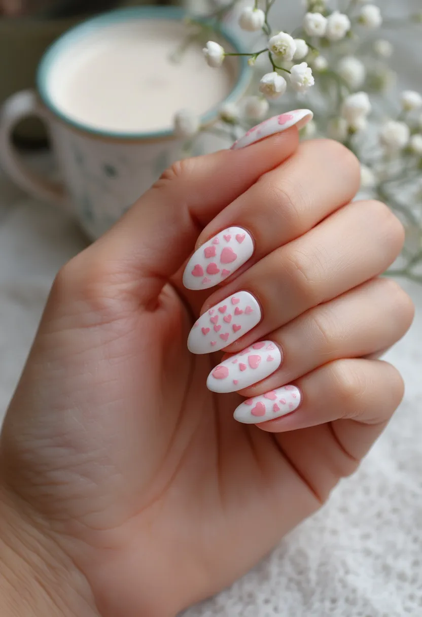 The nail design features a soft and romantic color palette with a white base and light pink heart-shaped decorations adorning each nail. The nails are shaped in an elegant almond form, offering a graceful and elongated appearance to the fingers. These nails likely utilize a gel treatment, ensuring a smooth and glossy finish that enhances the intricate heart patterns. The small and delicate hearts create a whimsical and loving theme, making this design particularly suitable for occasions like Valentine's Day or weddings. The overall look is feminine and charming, with the pastel hearts adding a touch of playful elegance to the nails.